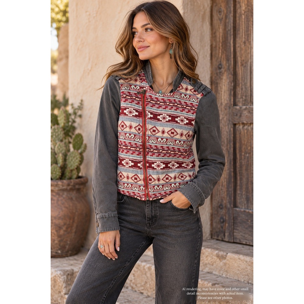 Hot & Delicious Small Moto Jacket Grey Faded Denim Aztec Woven Southwestern Boho